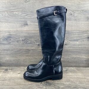Zara Leather Buckle Straps Knee High Cowboy‎ Boots Women's Size 6.5 US Black
